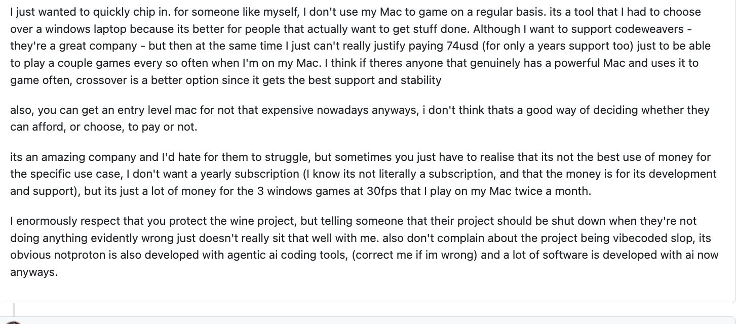 A community comment in issue #79: a CrossOver licence is hard to justify for occasional Mac gaming