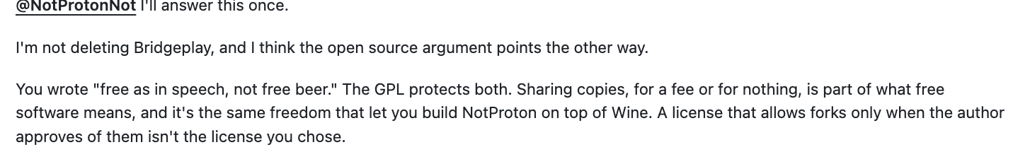 Raymond Chin's single answer: the GPL protects both freedoms, and Bridgeplay will not be deleted