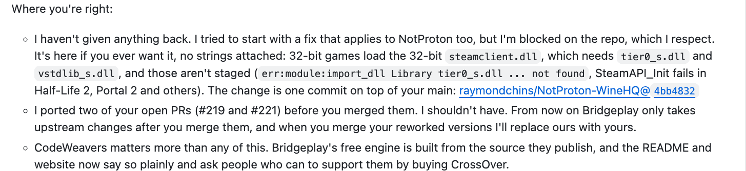 Raymond Chin in issue #79: admits giving nothing back yet, admits porting two open PRs before merge, and credits CodeWeavers