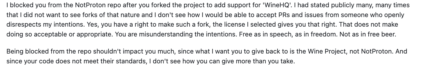The NotProton maintainer blocks Raymond Chin: "you have a right to make such a fork... that does not make doing so acceptable"