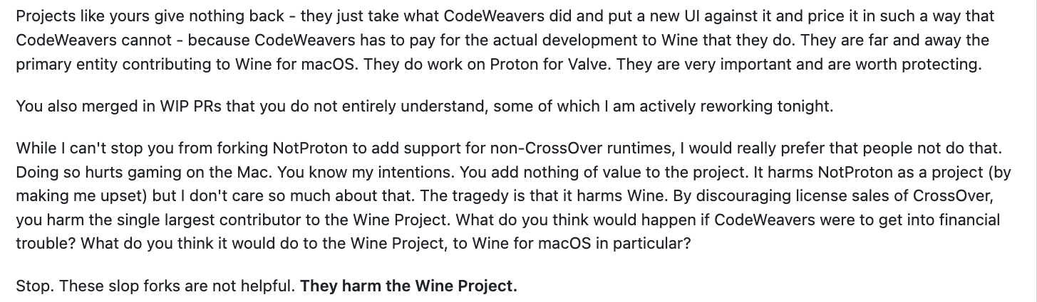 The NotProton maintainer's objection in issue #79: projects like this take from CodeWeavers and harm the Wine Project
