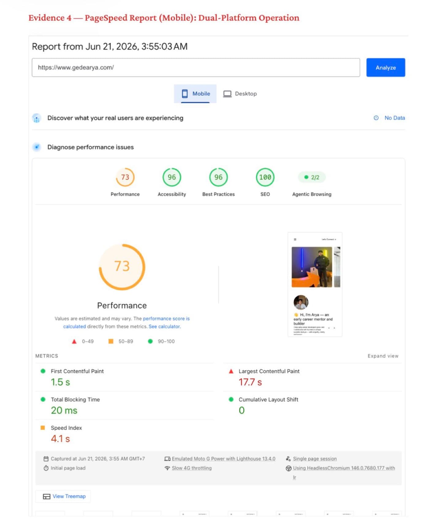 PageSpeed Insights, mobile report for gedearya.com, 21 June 2026