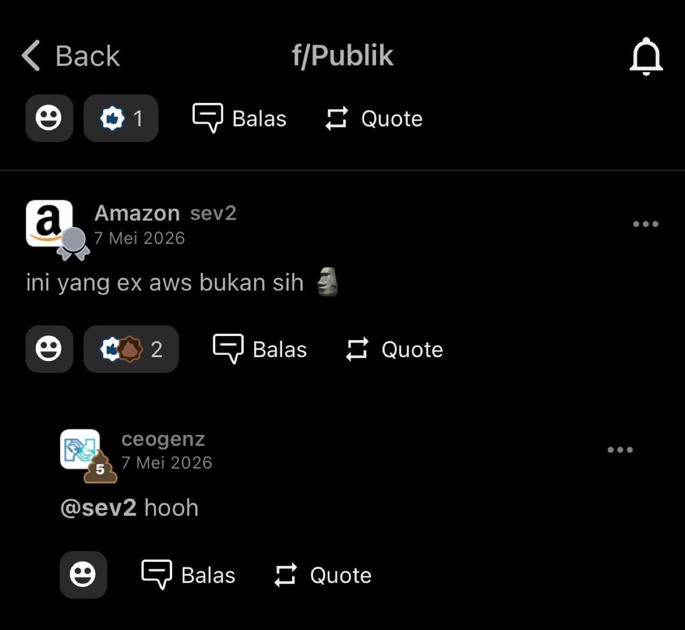 A forum post from an account named "Amazon sev2", 7 May 2026