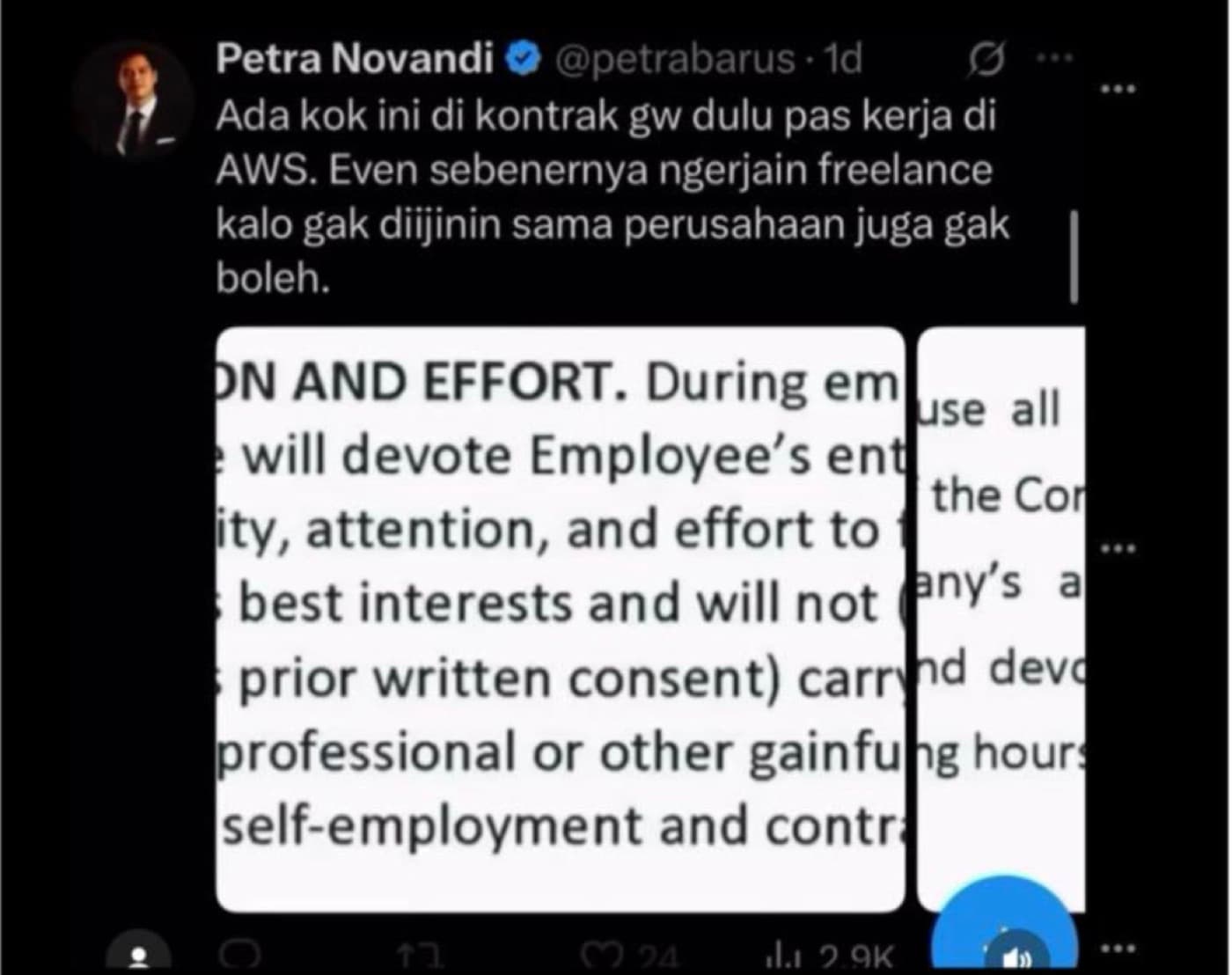 A post by Petra Novandi about a clause in his own AWS contract