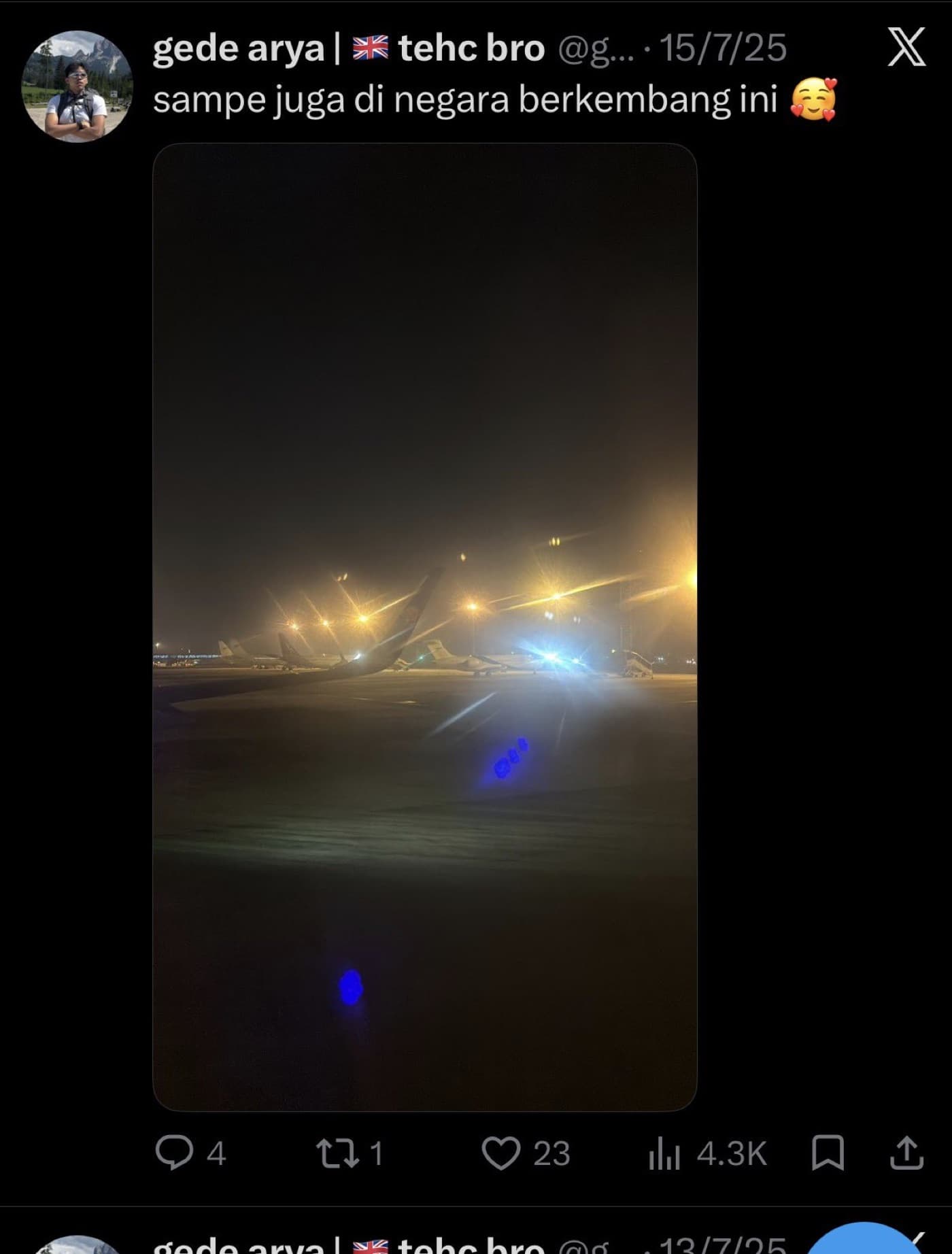 His X post of 15 July 2025, a night photo at an airport