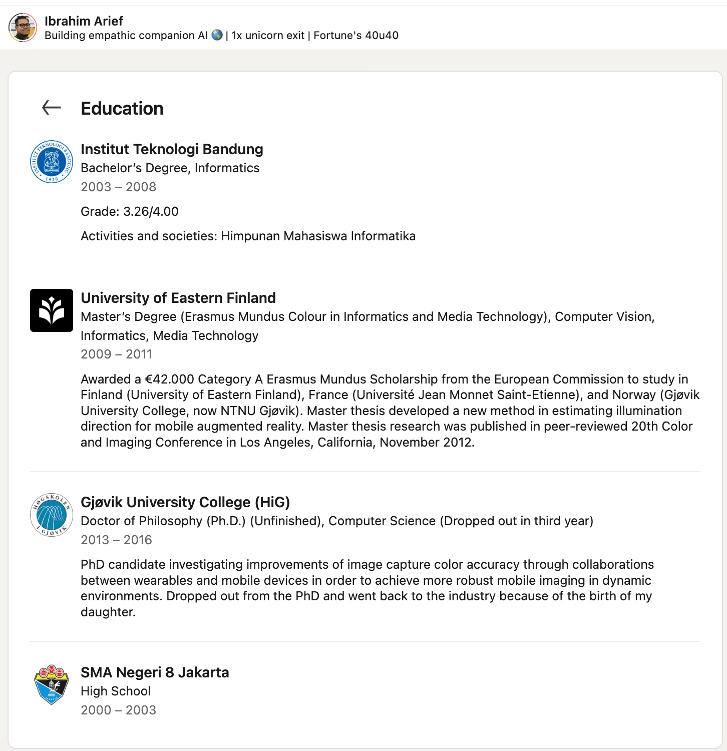Ibrahim Arief's LinkedIn education history