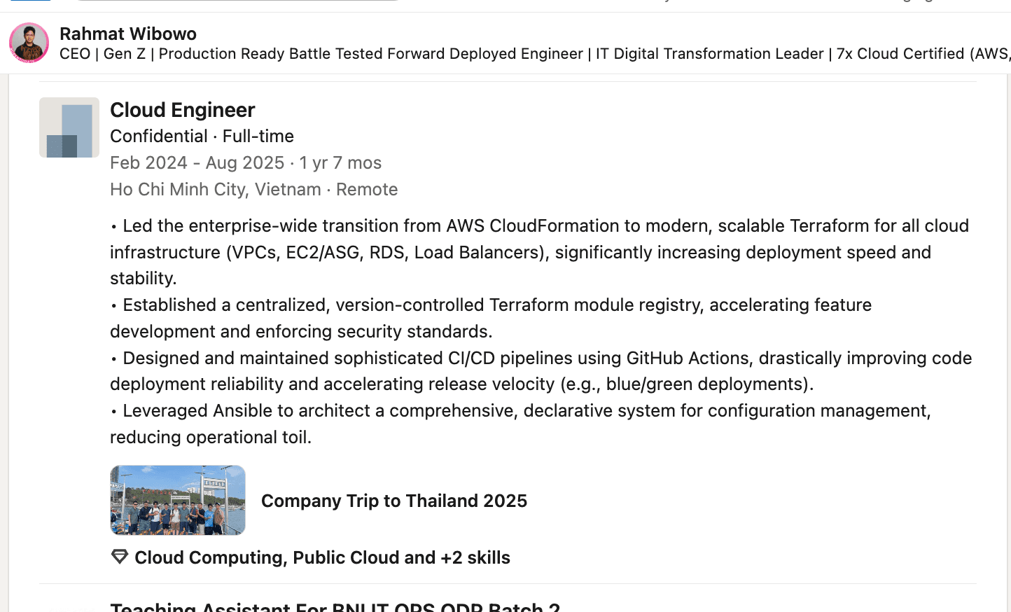 Cloud Engineer in Vietnam experience