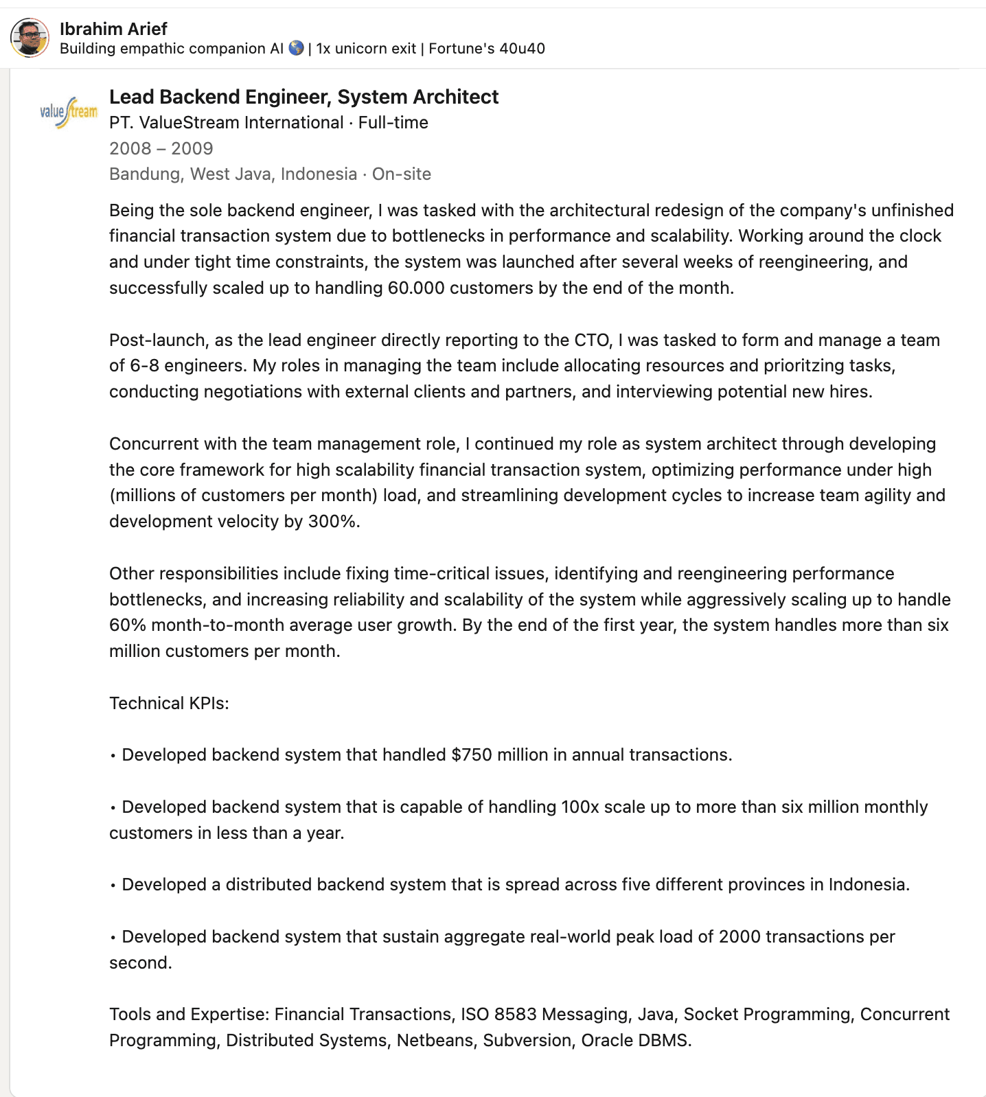 ValueStream experience