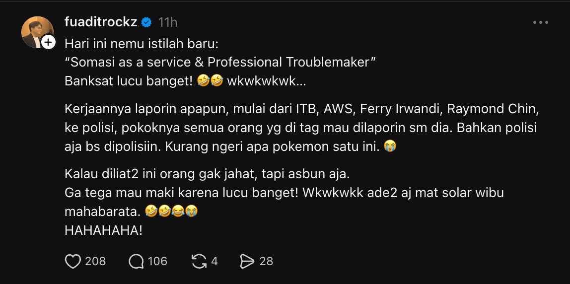 Post by @fuaditrockz around 18:00 on 12 October 2026