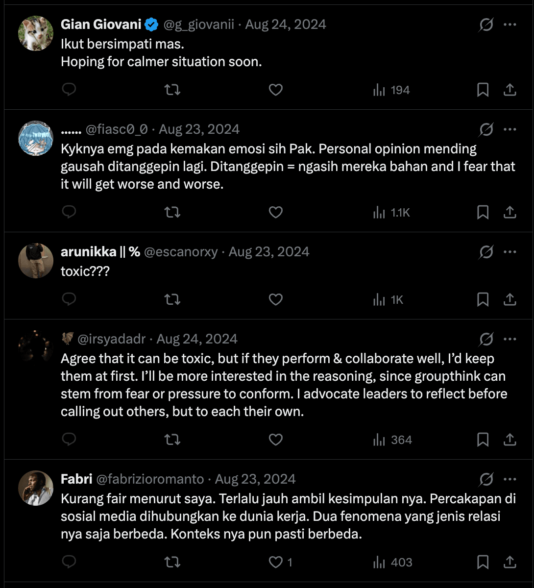 E20 screenshot: replies about context and groupthink