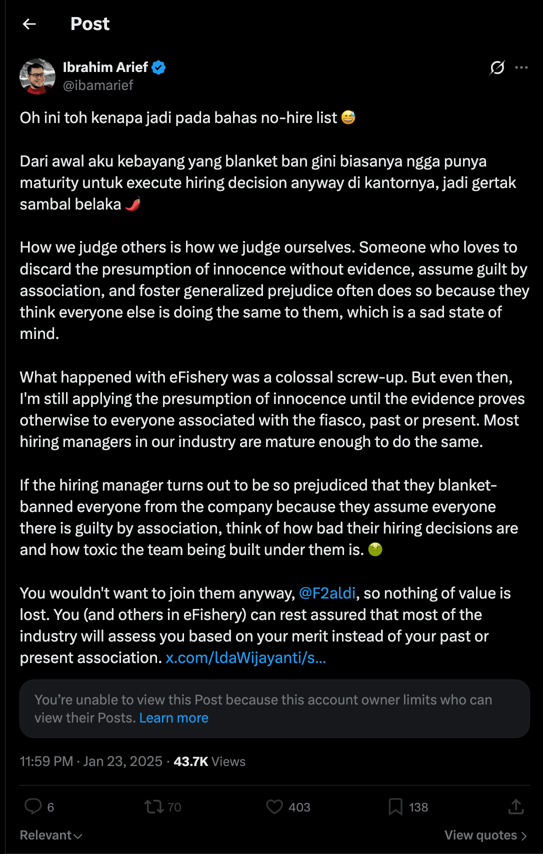 E24 screenshot: presumption of innocence and blanket ban