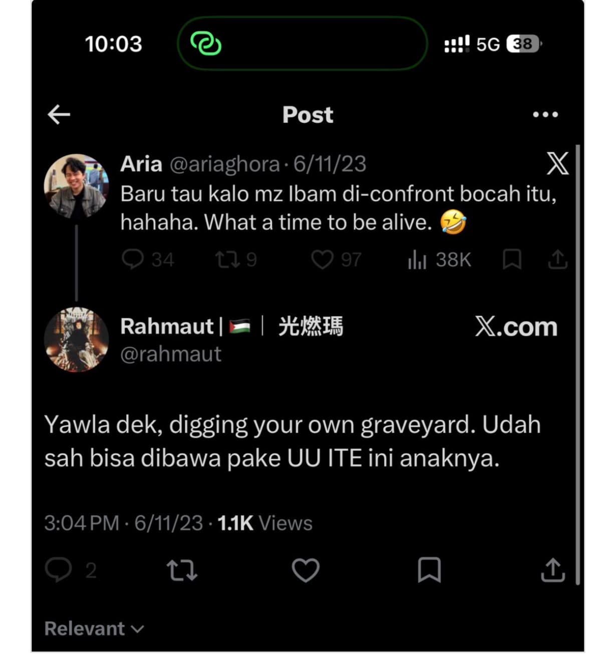 Reply by @rahmaut dated 6/11/23, second capture