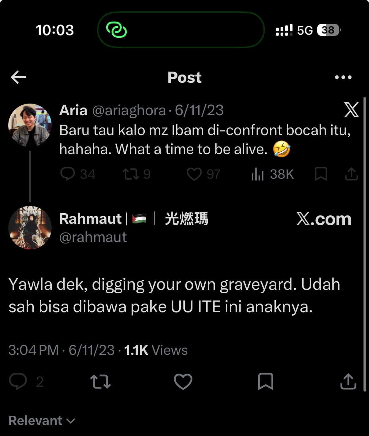 Reply by @rahmaut dated 6/11/23 beneath a post about Ibam being "confronted"
