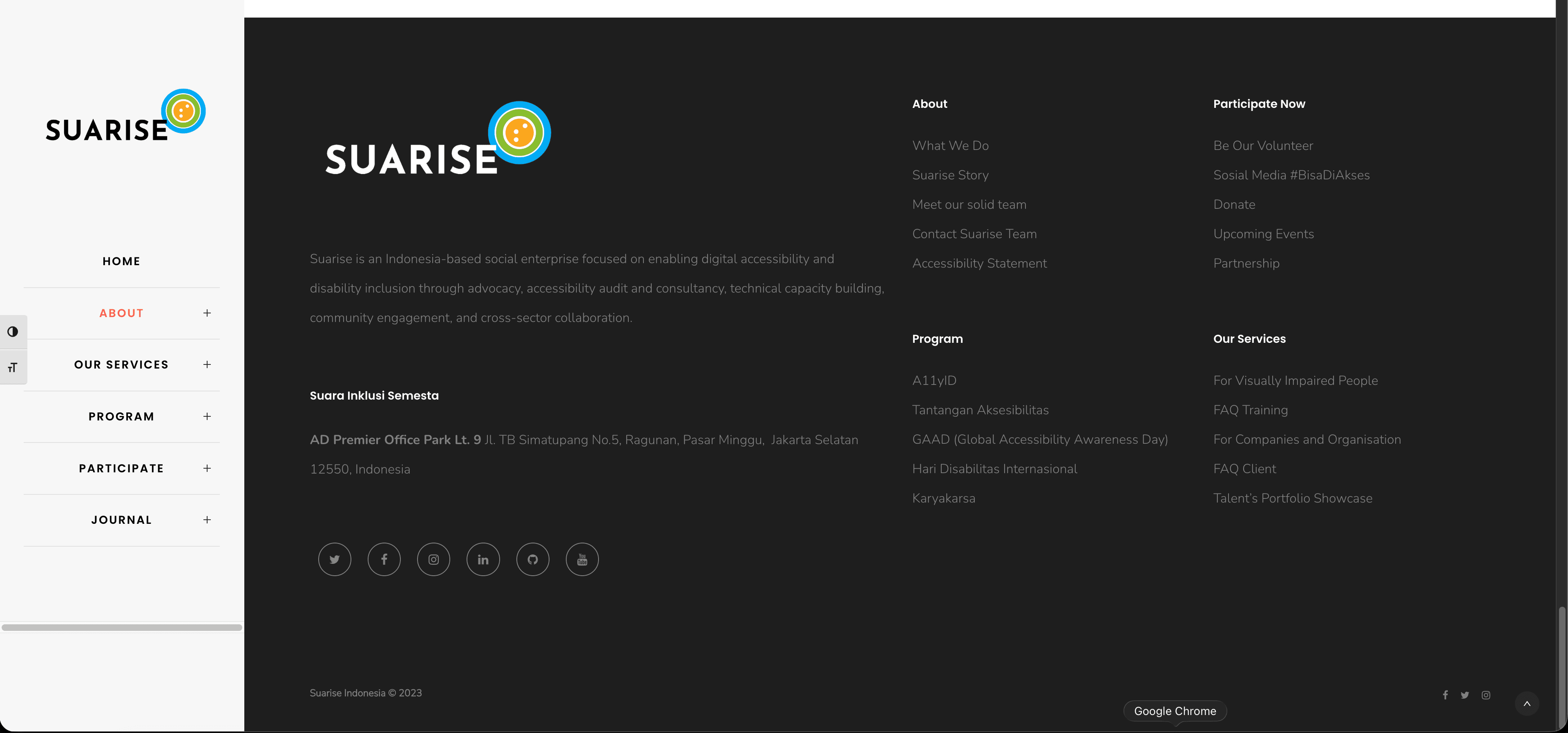 Suarise footer: an Indonesia-based social enterprise for digital accessibility and disability inclusion, with programmes and services listed