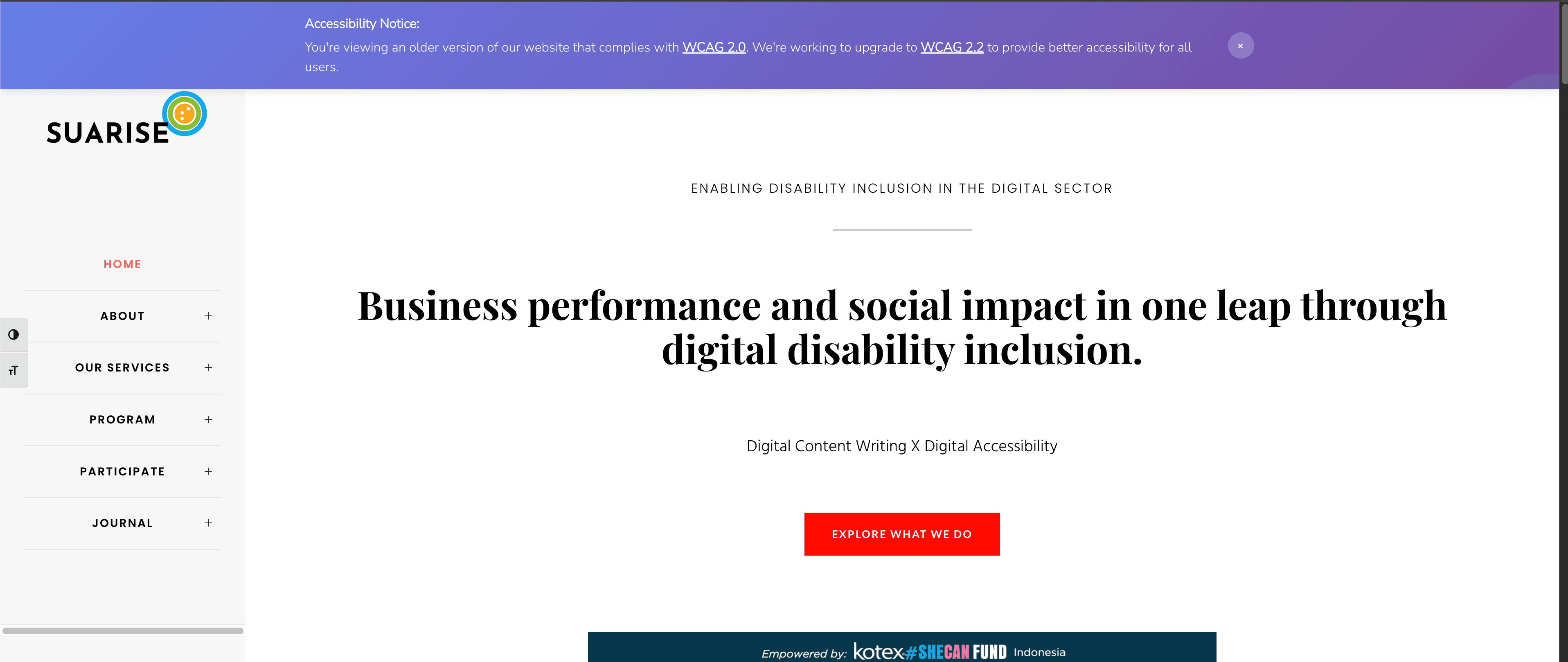 Suarise home page: "Business performance and social impact in one leap through digital disability inclusion", supported by Kotex #SheCan Fund Indonesia, with an accessibility notice about WCAG 2.0 and 2.2