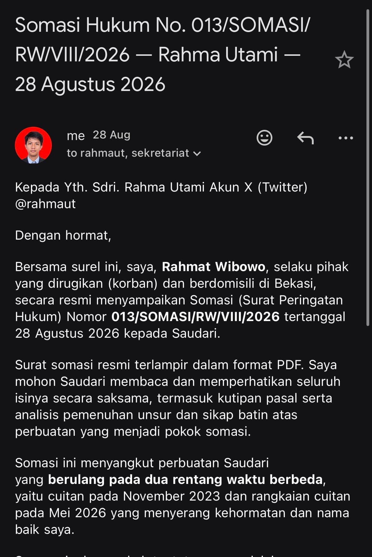 Email from me to @rahmaut and a secretariat address, subject "Somasi Hukum No. 013/SOMASI/RW/VIII/2026 — Rahma Utami — 28 Agustus 2026"