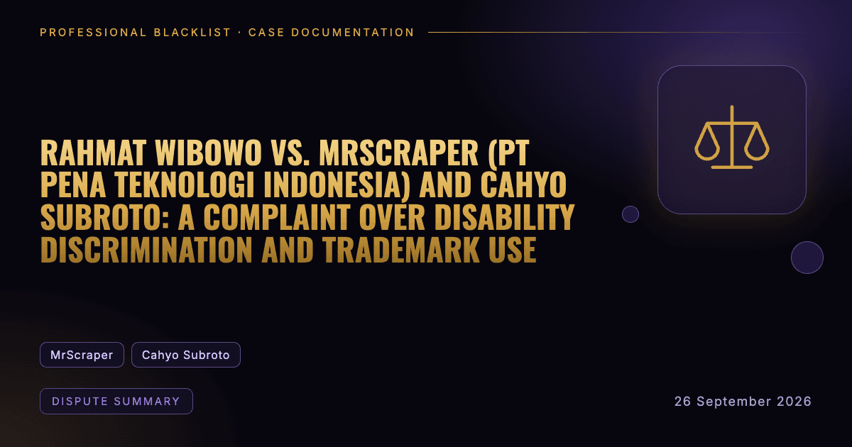 Header illustration: dispute summary involving MrScraper, Cahyo Subroto
