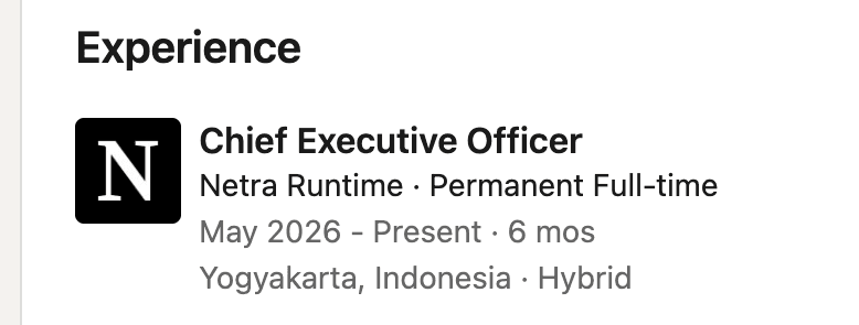 LinkedIn experience entry for Netra Runtime, captured October 18, 2026
