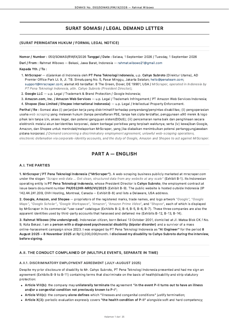 Case record: Legal Notice No. 050/SOMASI/RW/IX/2026, addressed to MrScraper, attn. Cahyo Subroto
