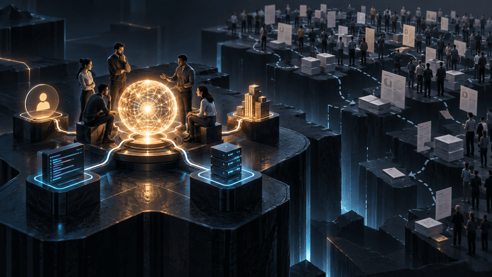 A small team connected to a coherent knowledge core while a larger workforce is separated by fragmented handoffs