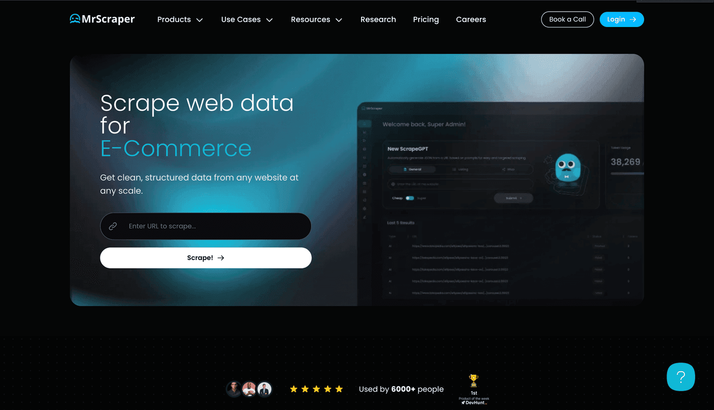 Case record: the mrscraper.com home page, "Scrape web data for E-Commerce"