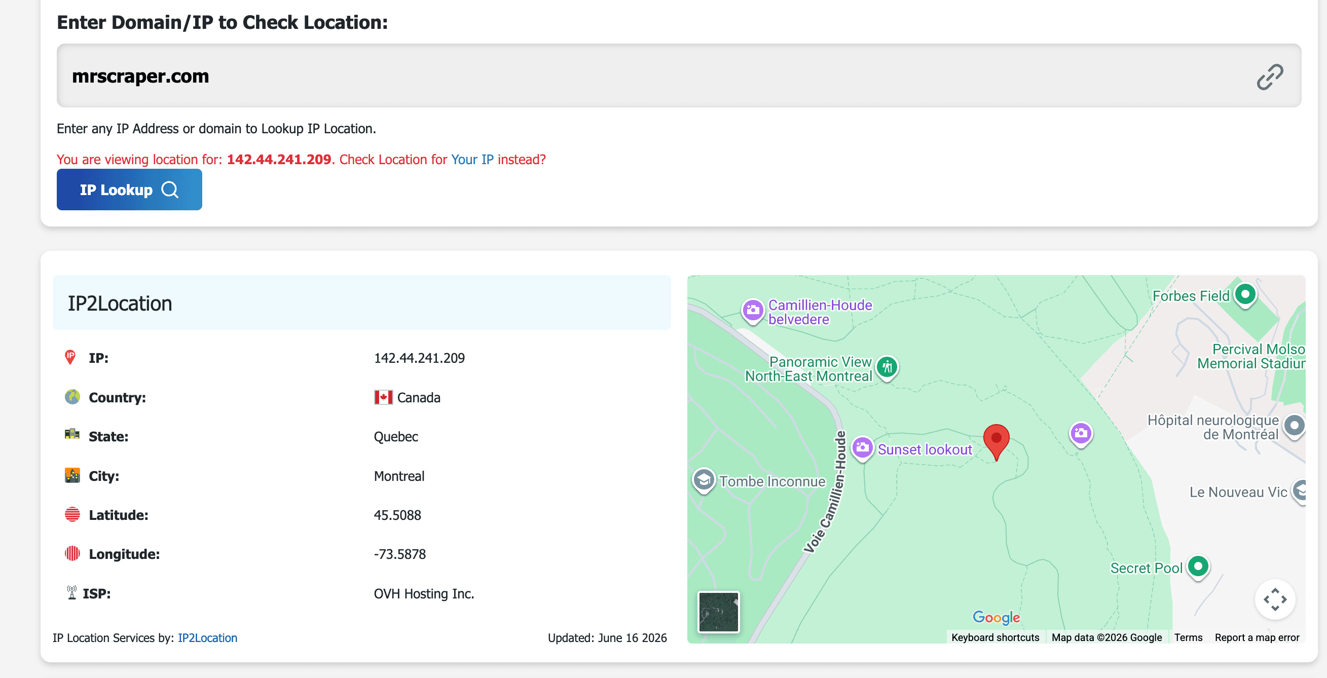 Evidence B-8: IP lookup for mrscraper.com showing a Montreal, Canada host