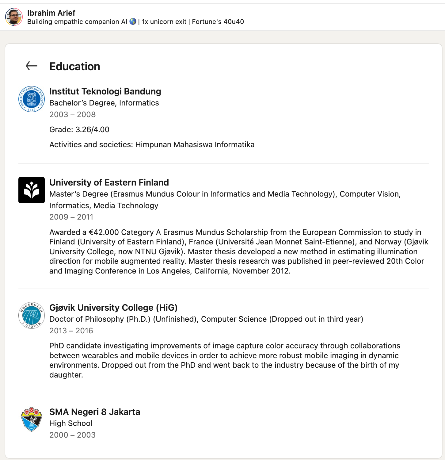 Ibrahim Arief's LinkedIn education history
