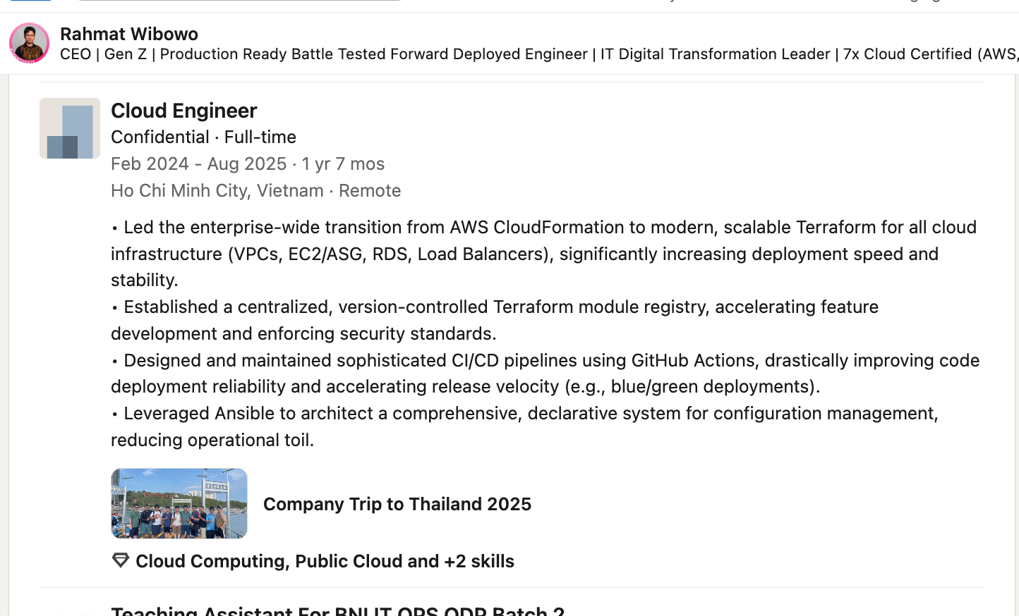Cloud Engineer in Vietnam experience