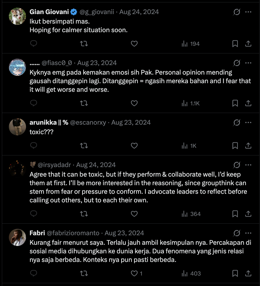 E20 screenshot: replies about context and groupthink