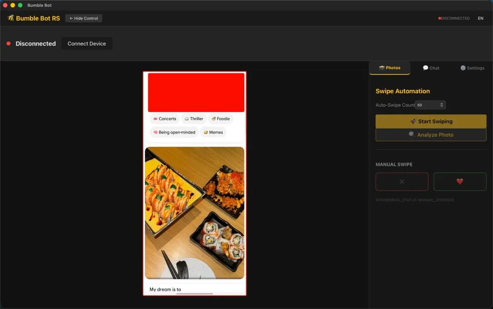 Interface of the Bumble Bot RS tool